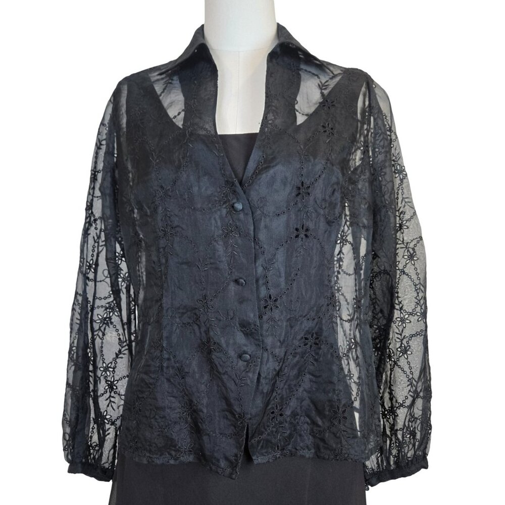 Spenser Jeremy Silk Lacy Embroidered Blouse 12 Collar, Button Front, Cuffs